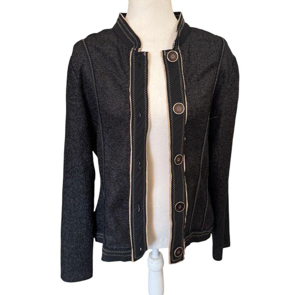 Chico's | Black Textured Piped Crinkle Mandarin Jacket Chicos Size 1 US Medium